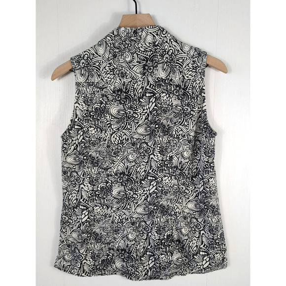 Tianello Womens XS Button Up Sleeveless Top Floral Black White Tencel Blouse - Picture 4 of 13